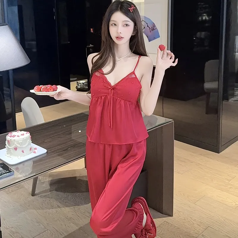 Spring Autumn Sexy Sleepwear Women Ice Silk Cami Long Sleeve Long Pants Three-Piece Set with Chest Pads High-End Light Luxury Style Loungewear · Wholesale · OEM · Worldwide Shipping - Detail 18