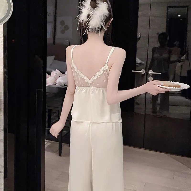 Spring Autumn Sexy Sleepwear Women Ice Silk Cami Long Sleeve Long Pants Three-Piece Set with Chest Pads High-End Light Luxury Style Loungewear · Wholesale · OEM · Worldwide Shipping - Detail 32