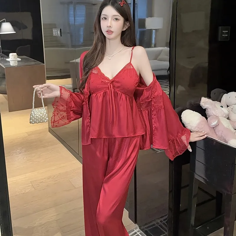 Spring Autumn Sexy Sleepwear Women Ice Silk Cami Long Sleeve Long Pants Three-Piece Set with Chest Pads High-End Light Luxury Style Loungewear · Wholesale · OEM · Worldwide Shipping - Detail 15