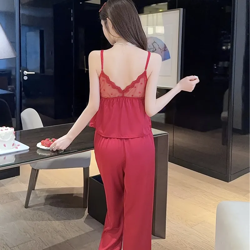 Spring Autumn Sexy Sleepwear Women Ice Silk Cami Long Sleeve Long Pants Three-Piece Set with Chest Pads High-End Light Luxury Style Loungewear · Wholesale · OEM · Worldwide Shipping - Detail 19