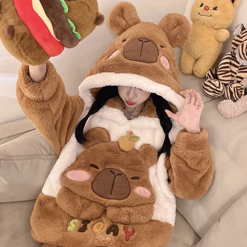 2635W# Winter Fleece Pajamas for Women Girls Cute Cartoon Pullover Hooded Loungewear Set 280g · Wholesale · OEM · Worldwide Shipping