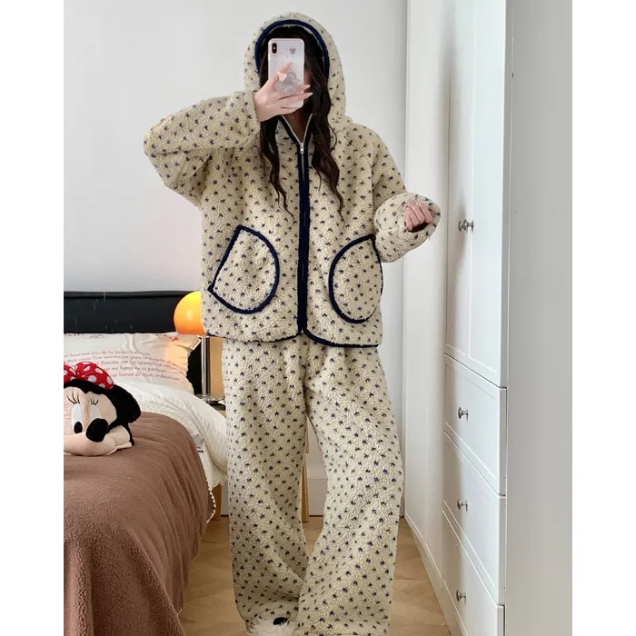 2639H# Nouvelle collection hiver pyjama femme polaire à poils longs à fermeture éclair avec capuche jeune fille portable à l'extérieur ensemble de vêtements d'intérieur 260 grammes · Grossiste · OEM · Mondial - Detail 3