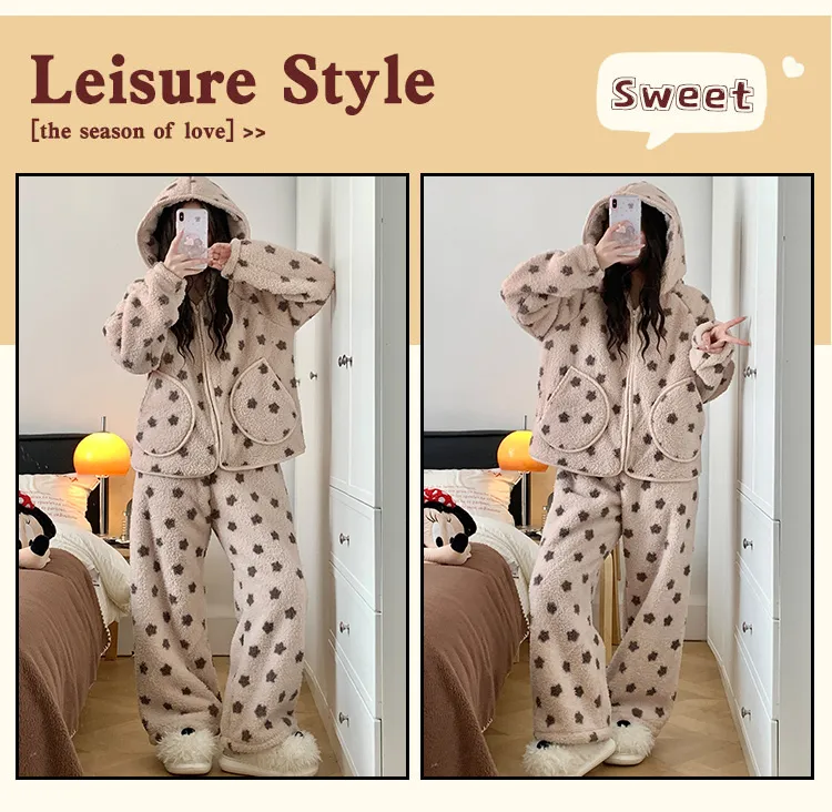 2639H# Nouvelle collection hiver pyjama femme polaire à poils longs à fermeture éclair avec capuche jeune fille portable à l'extérieur ensemble de vêtements d'intérieur 260 grammes · Grossiste · OEM · Mondial - Detail 14
