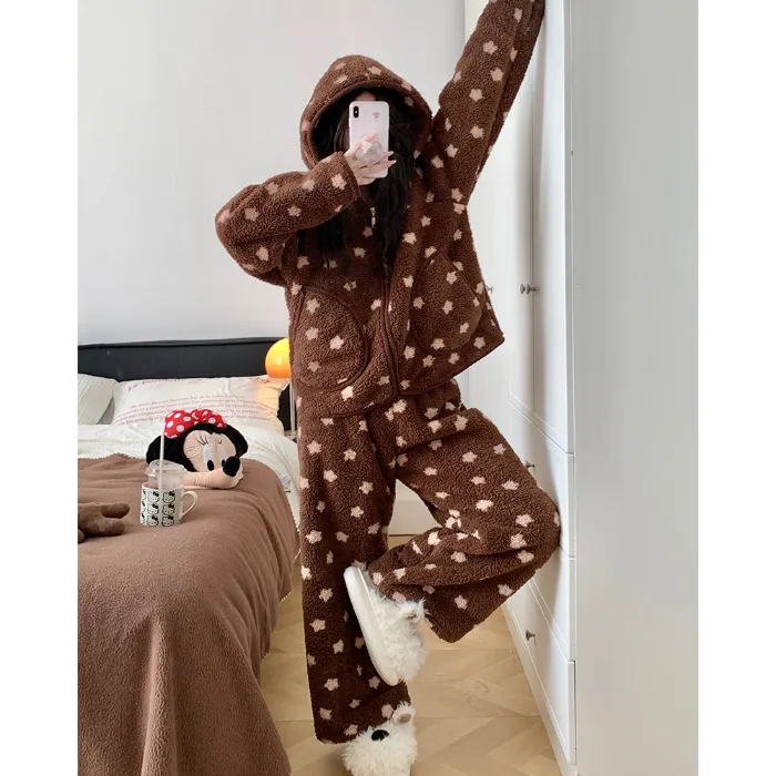2639H# Nouvelle collection hiver pyjama femme polaire à poils longs à fermeture éclair avec capuche jeune fille portable à l'extérieur ensemble de vêtements d'intérieur 260 grammes · Grossiste · OEM · Mondial - Detail 2
