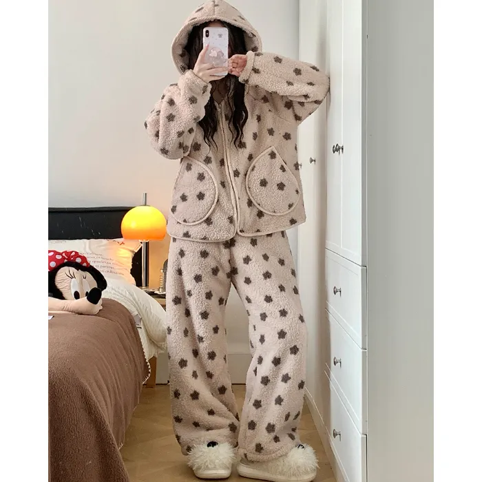 2639H# Nouvelle collection hiver pyjama femme polaire à poils longs à fermeture éclair avec capuche jeune fille portable à l'extérieur ensemble de vêtements d'intérieur 260 grammes · Grossiste · OEM · Mondial - Detail 1