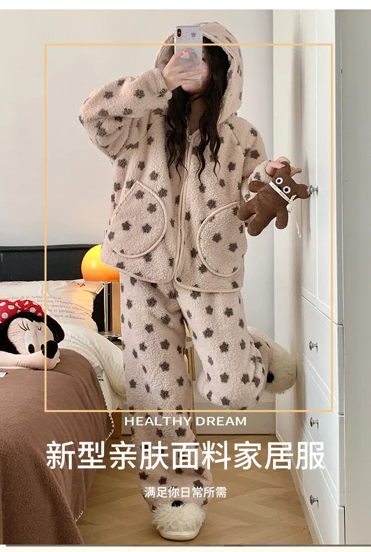 2639H# Nouvelle collection hiver pyjama femme polaire à poils longs à fermeture éclair avec capuche jeune fille portable à l'extérieur ensemble de vêtements d'intérieur 260 grammes · Grossiste · OEM · Mondial - Detail 7