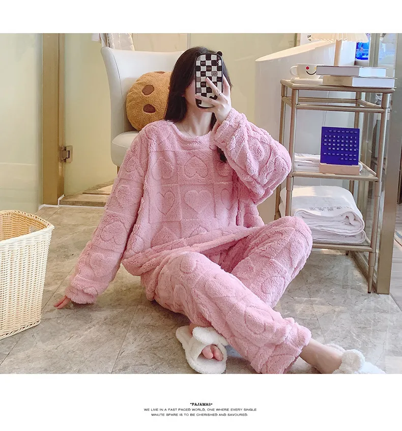 بيجامة نسائية شتوية بأكمام طويلة وبنطال طويل، مقاس كبير حتى 250 رطلاً، ملابس منزلية قابلة للارتداء خارج المنزل، بقماش مخملي منقوش · بيع بالجملة · تصنيع حسب الطلب · شحن عالمي - Detail 15
