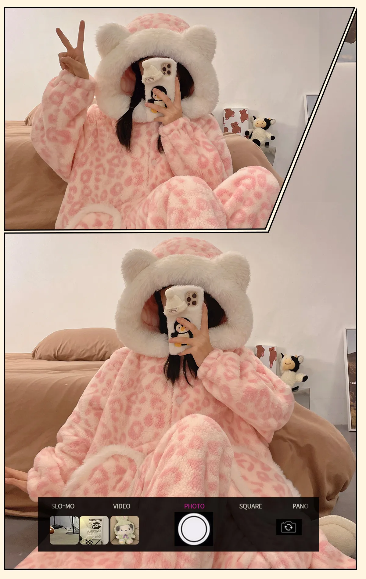 New Winter Coral Fleece Lined Thickened Cute Comfortable Robe Set Hooded Flannel Loungewear Set · Wholesale · OEM · Worldwide Shipping - Detail 7