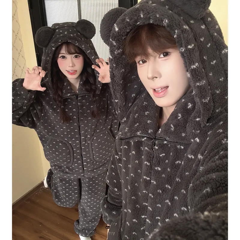 Autumn Winter Couple Fleece Pajamas Women Cartoon Zipper Fleece-Lined Men Flannel Soft Loungewear · Wholesale · OEM · Worldwide Shipping - View 1