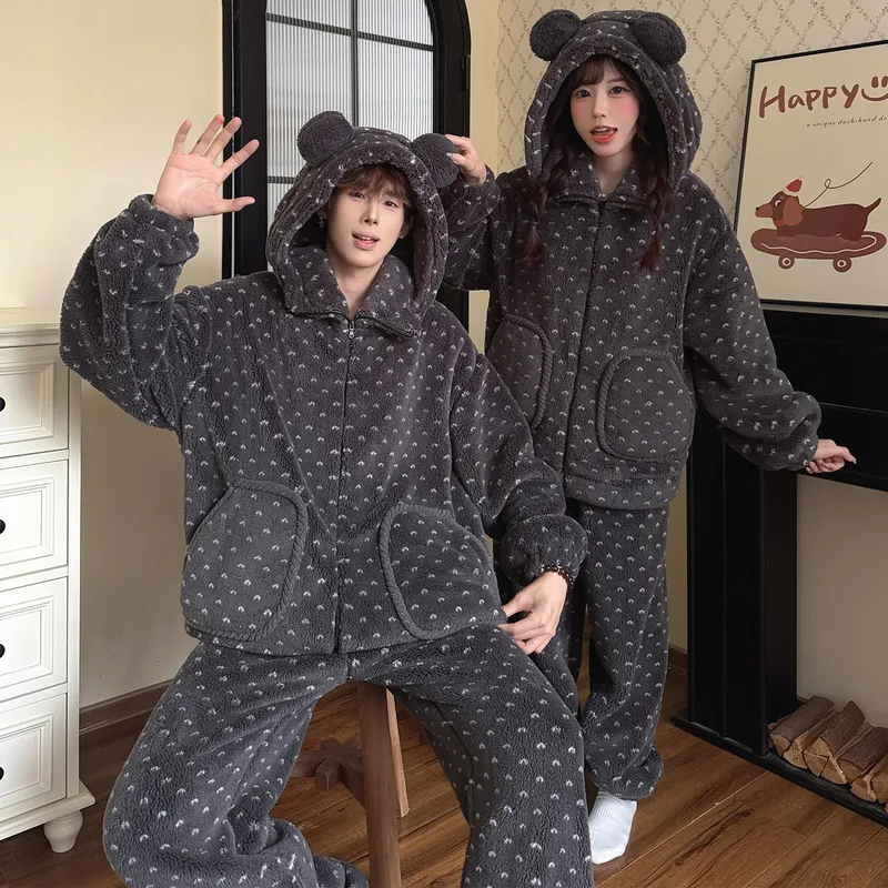 Autumn Winter Couple Fleece Pajamas Women Cartoon Zipper Fleece-Lined Men Flannel Soft Loungewear · Wholesale · OEM · Worldwide Shipping