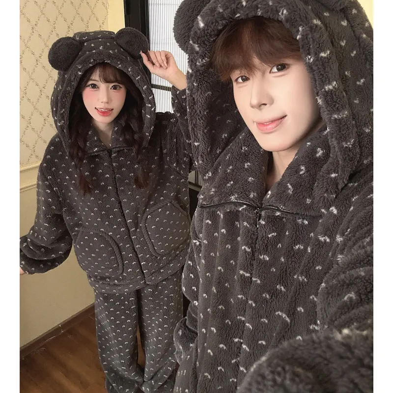 Autumn Winter Couple Fleece Pajamas Women Cartoon Zipper Fleece-Lined Men Flannel Soft Loungewear · Wholesale · OEM · Worldwide Shipping - View 2