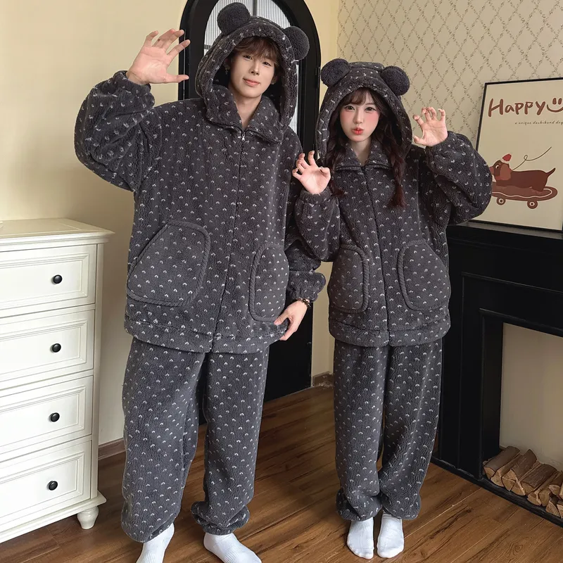 Autumn Winter Couple Fleece Pajamas Women Cartoon Zipper Fleece-Lined Men Flannel Soft Loungewear · Wholesale · OEM · Worldwide Shipping - View 3