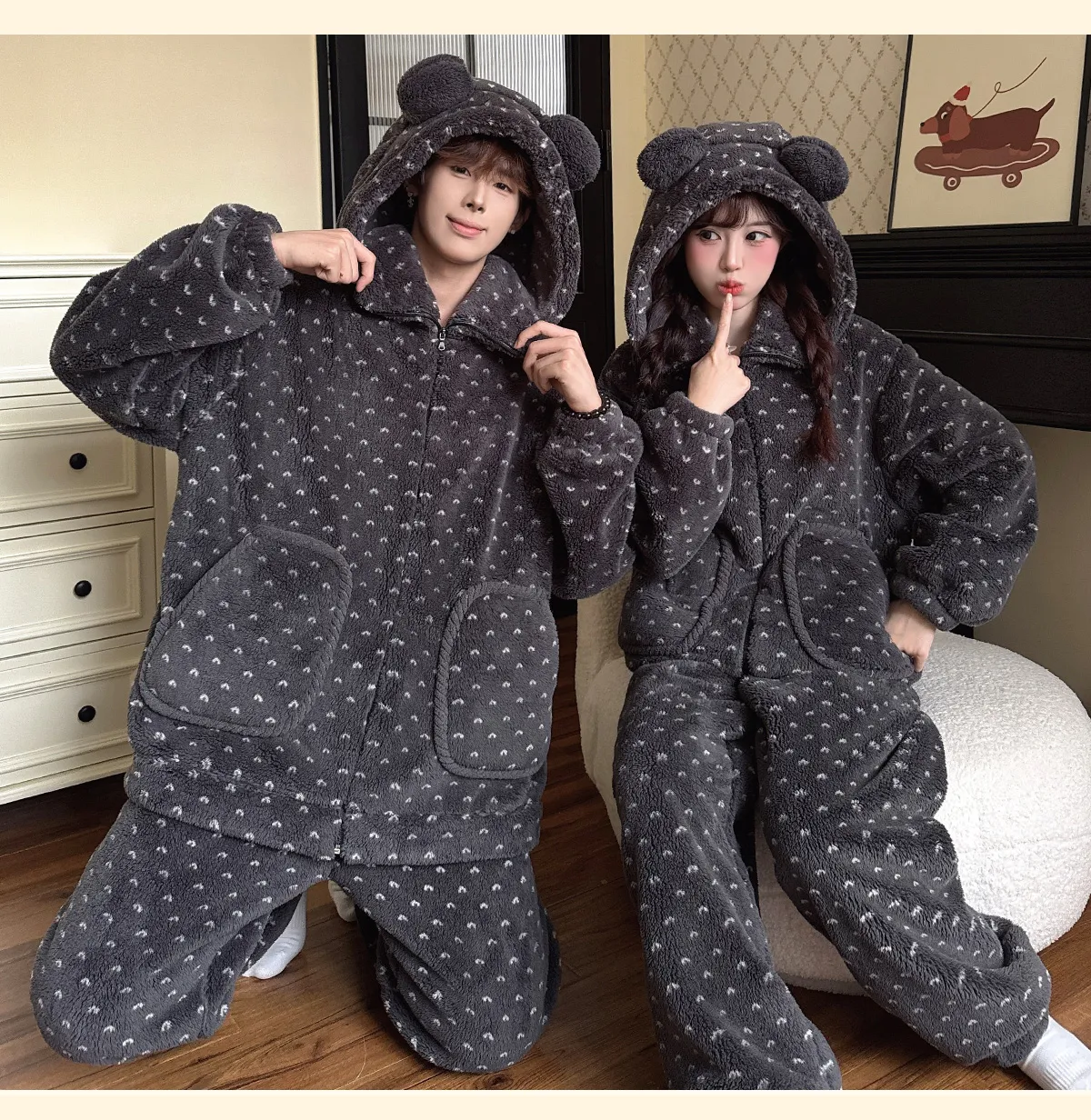 Autumn Winter Couple Fleece Pajamas Women Cartoon Zipper Fleece-Lined Men Flannel Soft Loungewear · Wholesale · OEM · Worldwide Shipping - Detail 12