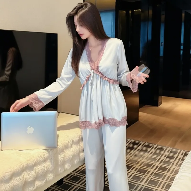 Spring and Autumn Sexy Pajamas Women Long Sleeve Long Pants Set Ice Silk V-Neck with Chest Pads High-End Light Luxury Style Loungewear · Wholesale · OEM · Worldwide Shipping - Detail 7