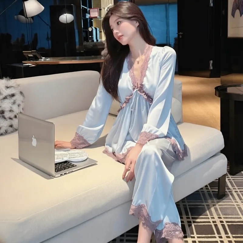 Spring and Autumn Sexy Pajamas Women Long Sleeve Long Pants Set Ice Silk V-Neck with Chest Pads High-End Light Luxury Style Loungewear · Wholesale · OEM · Worldwide Shipping