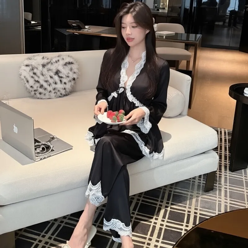 Spring and Autumn Sexy Pajamas Women Long Sleeve Long Pants Set Ice Silk V-Neck with Chest Pads High-End Light Luxury Style Loungewear · Wholesale · OEM · Worldwide Shipping - Detail 4