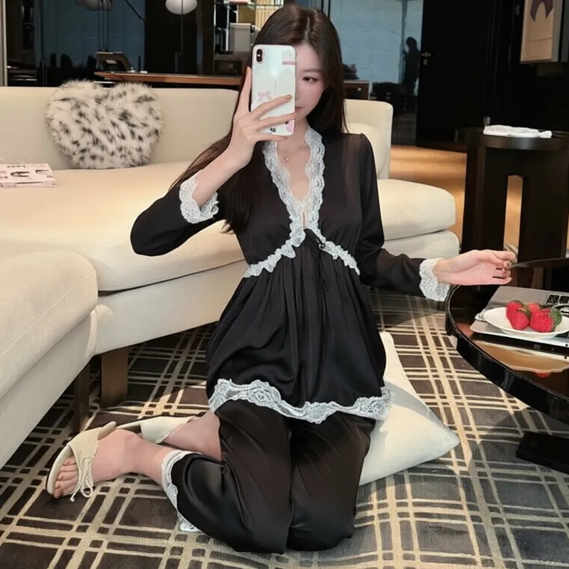 Spring and Autumn Sexy Pajamas Women Long Sleeve Long Pants Set Ice Silk V-Neck with Chest Pads High-End Light Luxury Style Loungewear · Wholesale · OEM · Worldwide Shipping - Detail 5