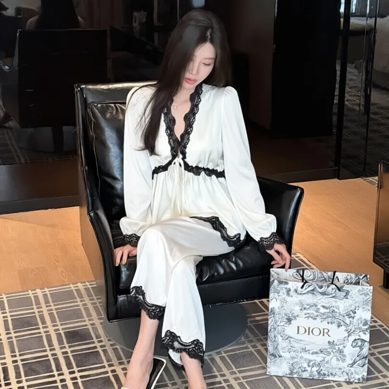 Spring and Autumn Sexy Pajamas Women Long Sleeve Long Pants Set Ice Silk V-Neck with Chest Pads High-End Light Luxury Style Loungewear · Wholesale · OEM · Worldwide Shipping - Detail 1