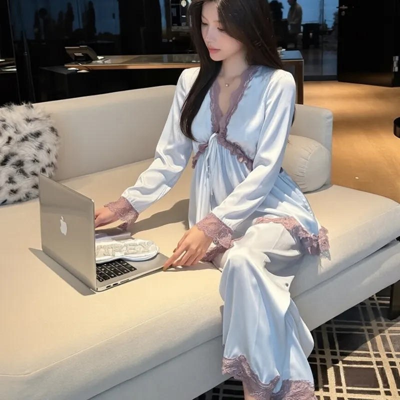 Spring and Autumn Sexy Pajamas Women Long Sleeve Long Pants Set Ice Silk V-Neck with Chest Pads High-End Light Luxury Style Loungewear · Wholesale · OEM · Worldwide Shipping - View 1