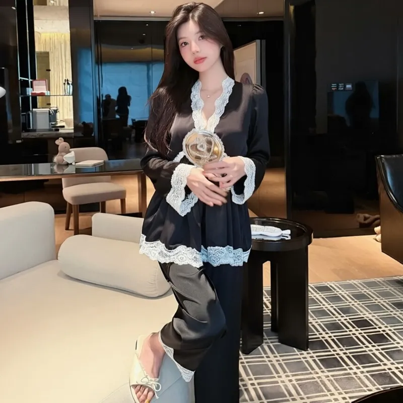 Spring and Autumn Sexy Pajamas Women Long Sleeve Long Pants Set Ice Silk V-Neck with Chest Pads High-End Light Luxury Style Loungewear · Wholesale · OEM · Worldwide Shipping - Detail 6
