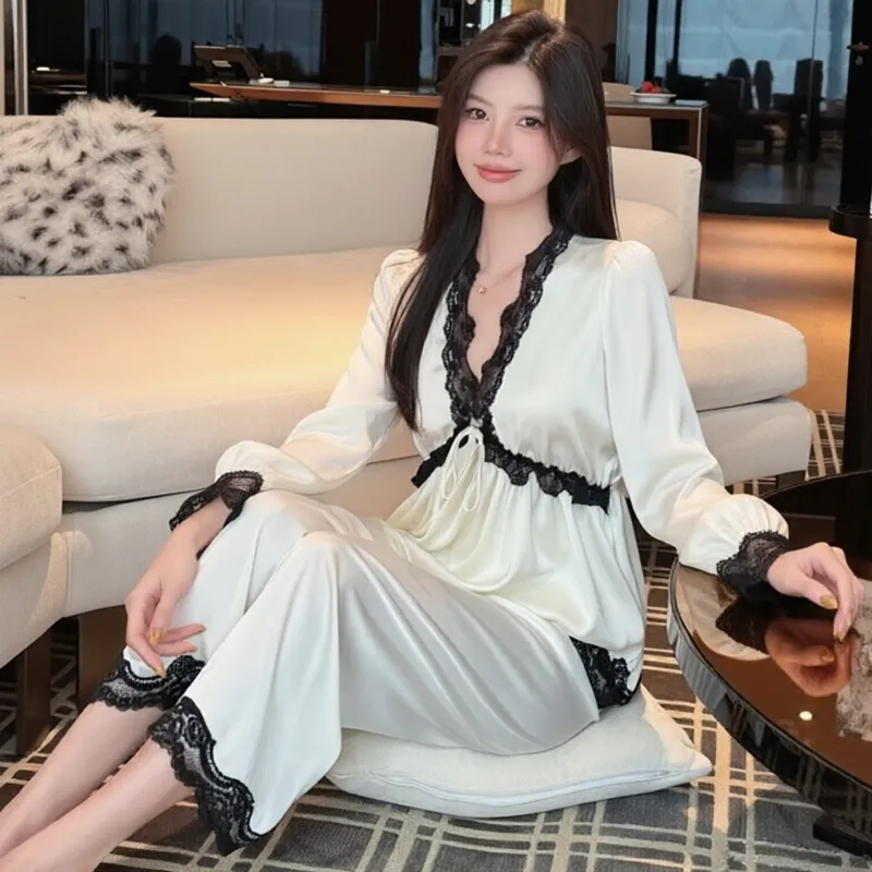 Spring and Autumn Sexy Pajamas Women Long Sleeve Long Pants Set Ice Silk V-Neck with Chest Pads High-End Light Luxury Style Loungewear · Wholesale · OEM · Worldwide Shipping - Detail 2