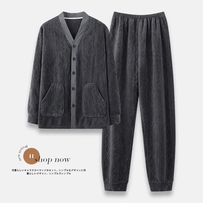 Men's Flannel Pajamas Autumn Winter Long Sleeve Long Pants Simple Cutwork Warm Loungewear Casual Outerwear Two-Piece Set · Wholesale · OEM · Worldwide Shipping - View 1