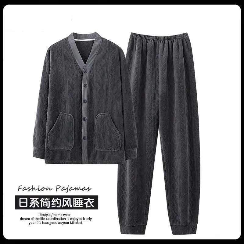 Men's Flannel Pajamas Autumn Winter Long Sleeve Long Pants Simple Cutwork Warm Loungewear Casual Outerwear Two-Piece Set · Wholesale · OEM · Worldwide Shipping - View 2