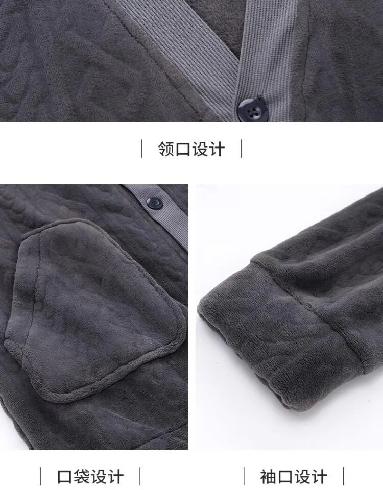 Men's Flannel Pajamas Autumn Winter Long Sleeve Long Pants Simple Cutwork Warm Loungewear Casual Outerwear Two-Piece Set · Wholesale · OEM · Worldwide Shipping - Detail 8