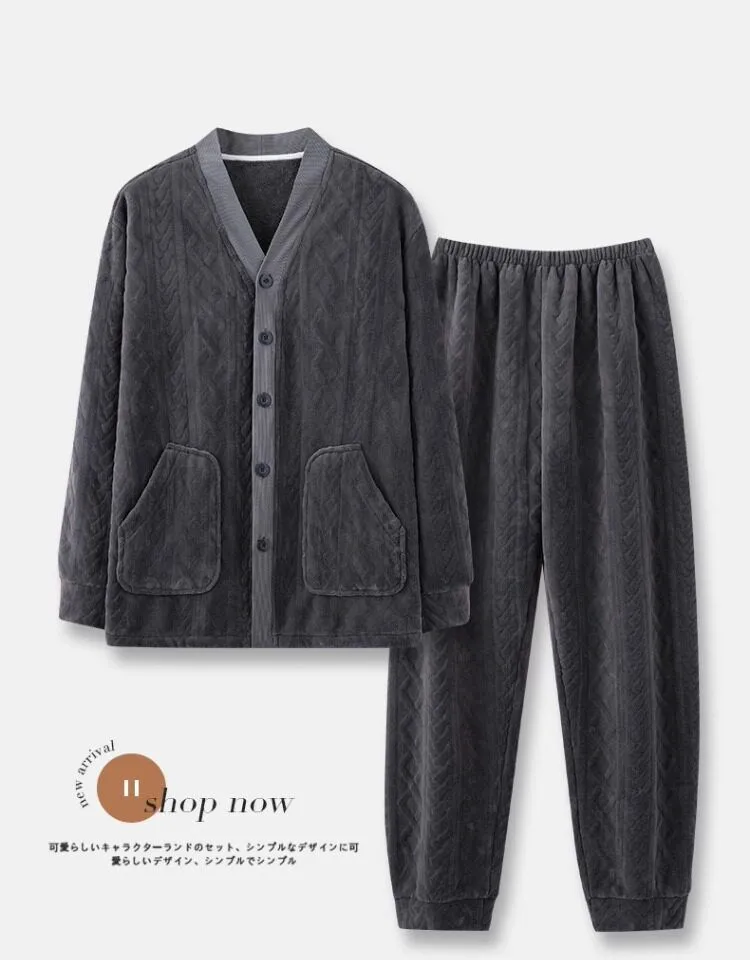 Men's Flannel Pajamas Autumn Winter Long Sleeve Long Pants Simple Cutwork Warm Loungewear Casual Outerwear Two-Piece Set · Wholesale · OEM · Worldwide Shipping - Detail 2