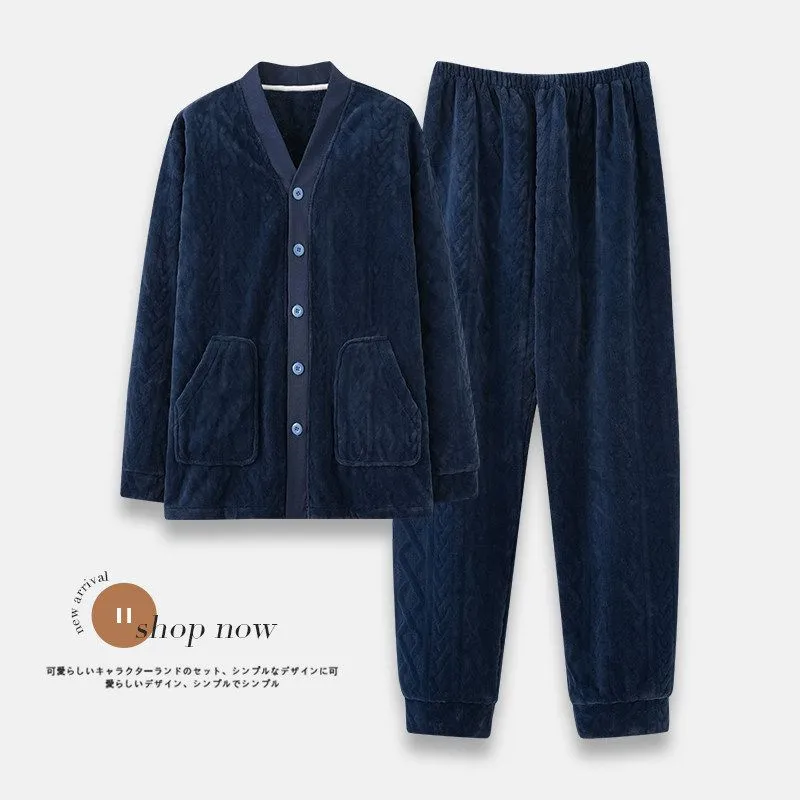 Men's Flannel Pajamas Autumn Winter Long Sleeve Long Pants Simple Cutwork Warm Loungewear Casual Outerwear Two-Piece Set · Wholesale · OEM · Worldwide Shipping
