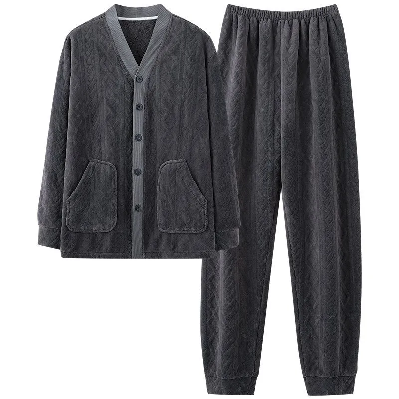 Men's Flannel Pajamas Autumn Winter Long Sleeve Long Pants Simple Cutwork Warm Loungewear Casual Outerwear Two-Piece Set · Wholesale · OEM · Worldwide Shipping - View 3