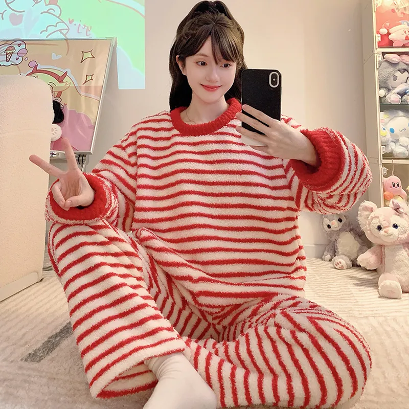 하프 플리스 파자마 여성 겨울 캐주얼 긴팔 긴바지 빅사이즈 220근 홈웨어 외출복