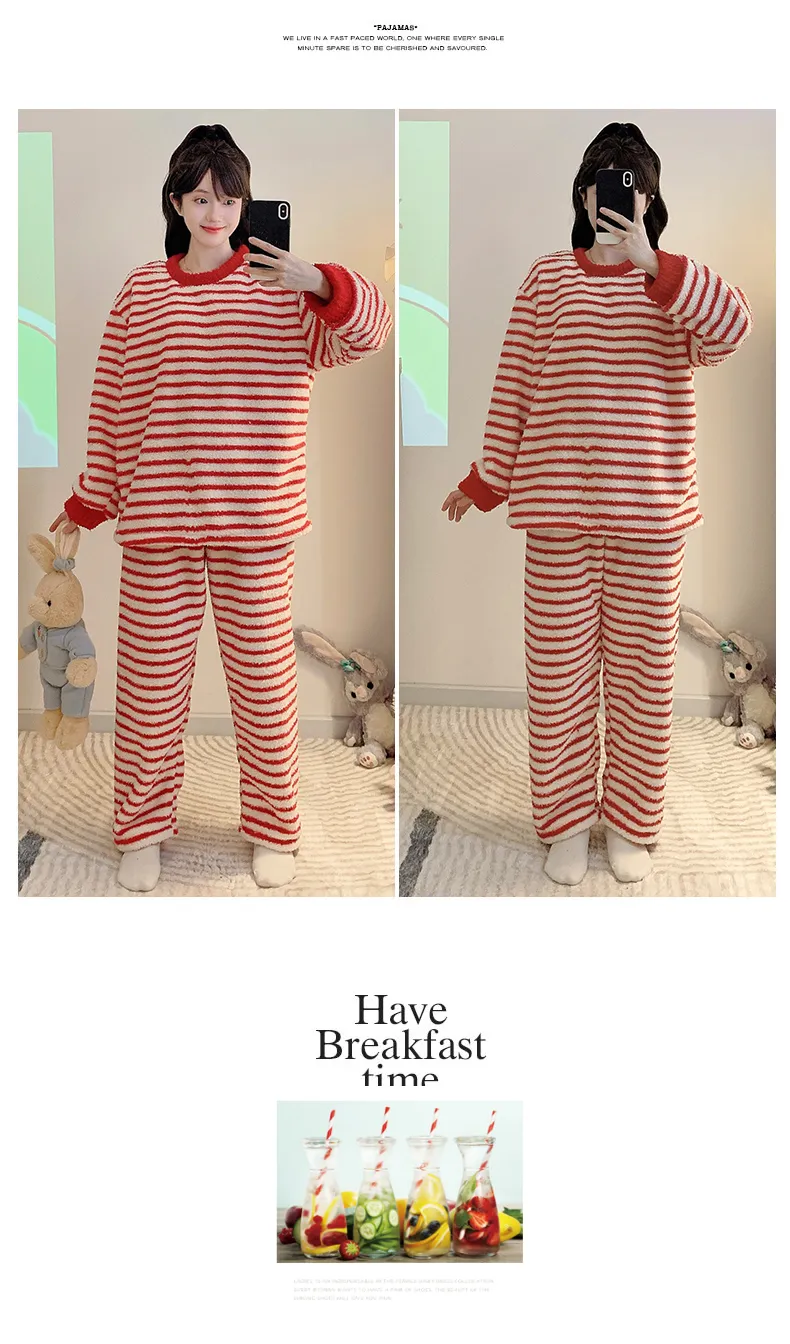 Piyama Wanita Bahan Half Fleece Lembut Lengan Panjang Celana Panjang Ukuran Besar Jumbo 220 Pon Musim Dingin Santai Bisa Dipakai di Luar · Grosir · OEM · Pengiriman Global - Detail 12