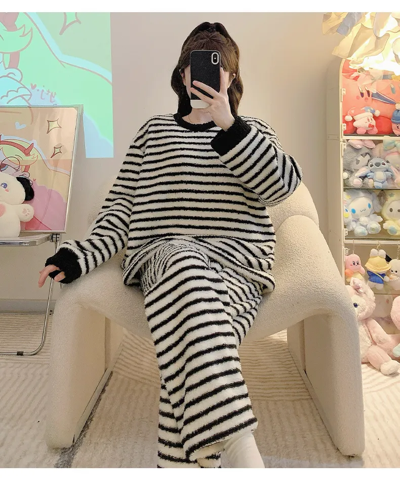 Piyama Wanita Bahan Half Fleece Lembut Lengan Panjang Celana Panjang Ukuran Besar Jumbo 220 Pon Musim Dingin Santai Bisa Dipakai di Luar · Grosir · OEM · Pengiriman Global - Detail 8