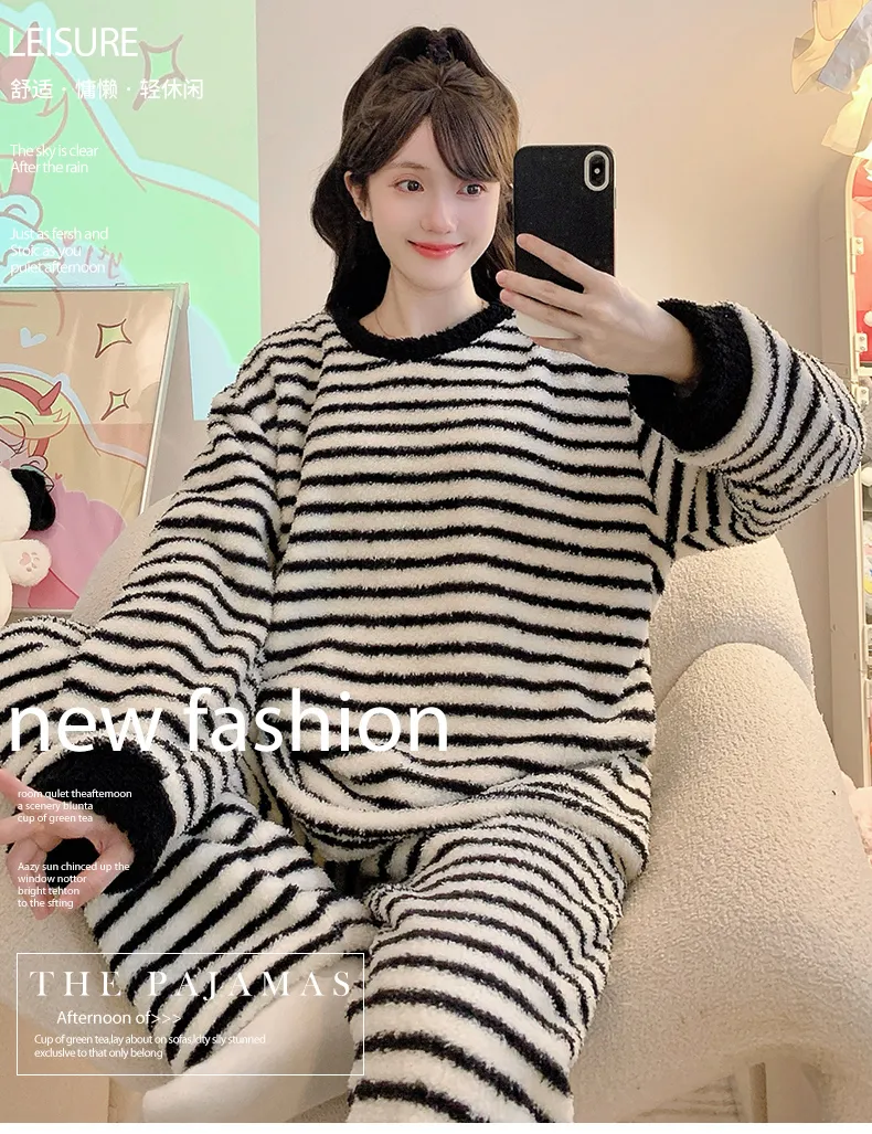 Piyama Wanita Bahan Half Fleece Lembut Lengan Panjang Celana Panjang Ukuran Besar Jumbo 220 Pon Musim Dingin Santai Bisa Dipakai di Luar · Grosir · OEM · Pengiriman Global - Detail 1