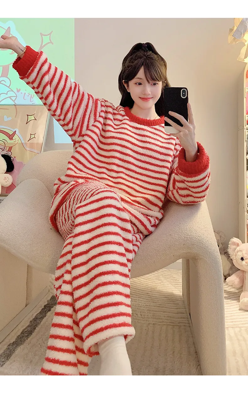 Pyjama femme en velours mi-côtelé, loisirs d'hiver, manches longues et pantalon long, grande taille jusqu'à 110 kg, tenue d'intérieur portable à l'extérieur · Grossiste · OEM · Mondial - Detail 10