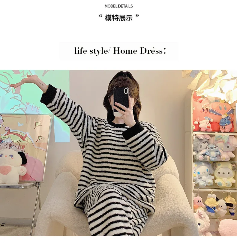 Pyjama femme en velours mi-côtelé, loisirs d'hiver, manches longues et pantalon long, grande taille jusqu'à 110 kg, tenue d'intérieur portable à l'extérieur · Grossiste · OEM · Mondial - Detail 5