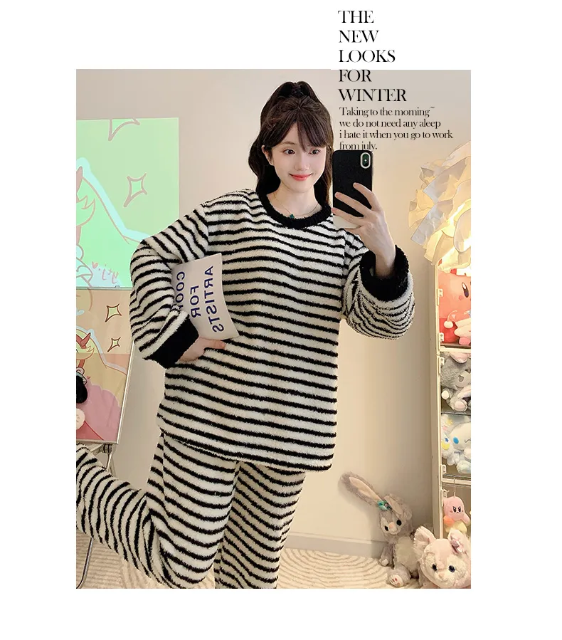 Pyjama femme en velours mi-côtelé, loisirs d'hiver, manches longues et pantalon long, grande taille jusqu'à 110 kg, tenue d'intérieur portable à l'extérieur · Grossiste · OEM · Mondial - Detail 6