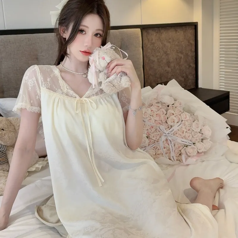 Sexy Women's Jacquard Ice Silk Nightgown, Midi Length with Lace, Premium Light Luxury Style, Short Sleeve with Padding · Wholesale · OEM · Worldwide Shipping - View 4