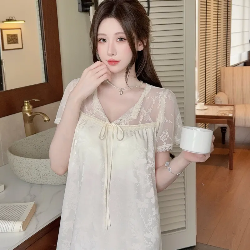 Sexy Women's Jacquard Ice Silk Nightgown, Midi Length with Lace, Premium Light Luxury Style, Short Sleeve with Padding · Wholesale · OEM · Worldwide Shipping - Detail 3