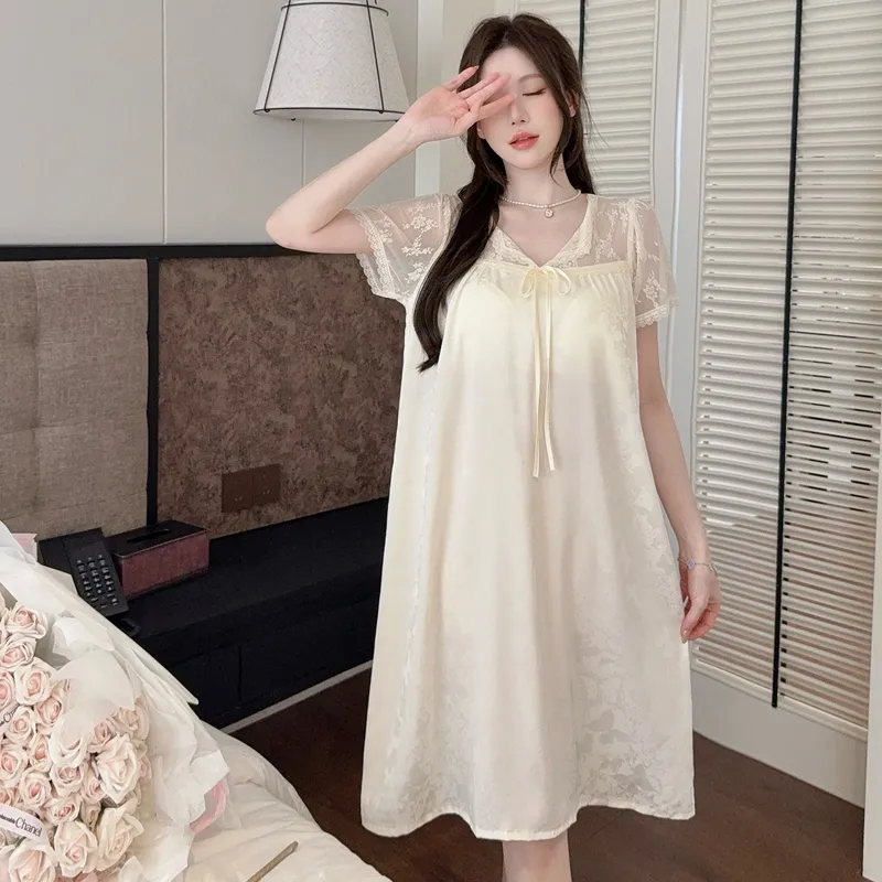 Sexy Women's Jacquard Ice Silk Nightgown, Midi Length with Lace, Premium Light Luxury Style, Short Sleeve with Padding · Wholesale · OEM · Worldwide Shipping - Detail 4