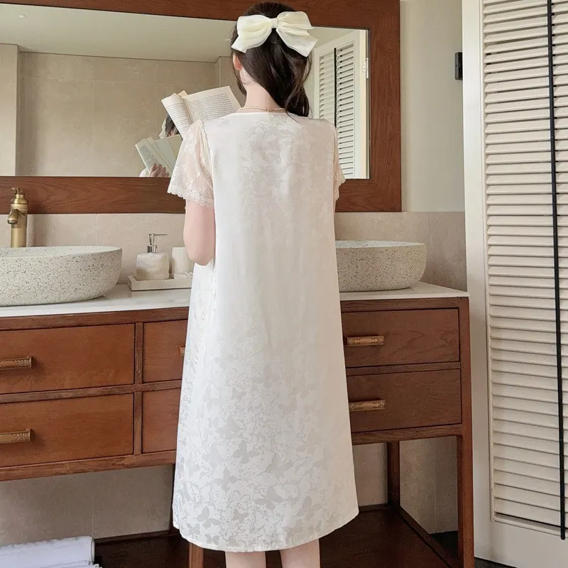 Sexy Women's Jacquard Ice Silk Nightgown, Midi Length with Lace, Premium Light Luxury Style, Short Sleeve with Padding · Wholesale · OEM · Worldwide Shipping - Detail 2