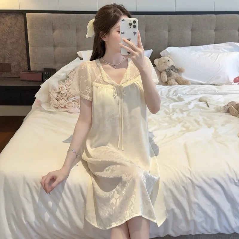 Sexy Women's Jacquard Ice Silk Nightgown, Midi Length with Lace, Premium Light Luxury Style, Short Sleeve with Padding · Wholesale · OEM · Worldwide Shipping - Detail 6
