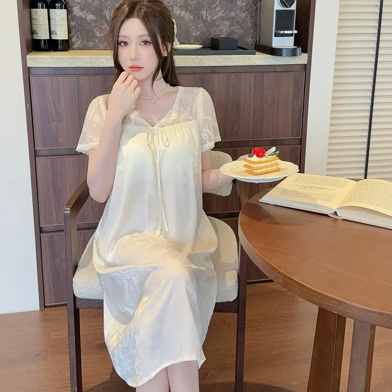 Sexy Women's Jacquard Ice Silk Nightgown, Midi Length with Lace, Premium Light Luxury Style, Short Sleeve with Padding · Wholesale · OEM · Worldwide Shipping - Detail 8