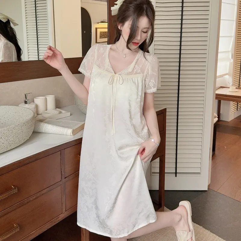 Sexy Women's Jacquard Ice Silk Nightgown, Midi Length with Lace, Premium Light Luxury Style, Short Sleeve with Padding · Wholesale · OEM · Worldwide Shipping