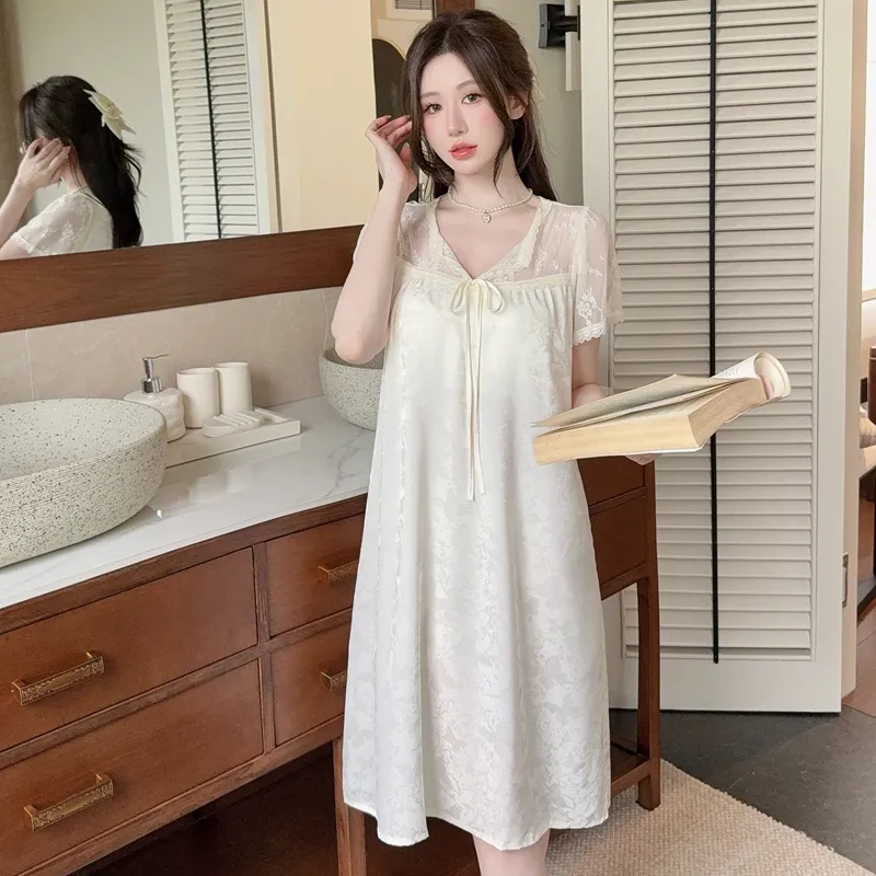 Sexy Women's Jacquard Ice Silk Nightgown, Midi Length with Lace, Premium Light Luxury Style, Short Sleeve with Padding · Wholesale · OEM · Worldwide Shipping - Detail 1