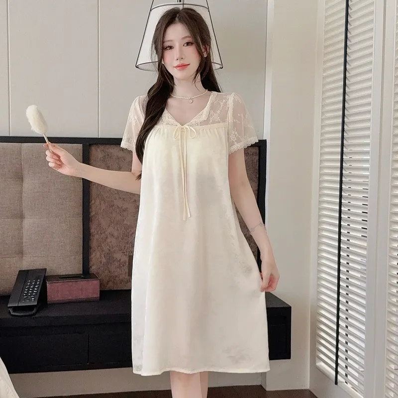 Sexy Women's Jacquard Ice Silk Nightgown, Midi Length with Lace, Premium Light Luxury Style, Short Sleeve with Padding · Wholesale · OEM · Worldwide Shipping - View 2