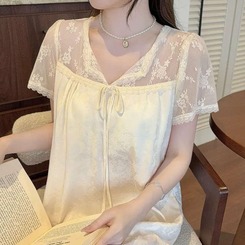 Sexy Women's Jacquard Ice Silk Nightgown, Midi Length with Lace, Premium Light Luxury Style, Short Sleeve with Padding · Wholesale · OEM · Worldwide Shipping - Detail 7