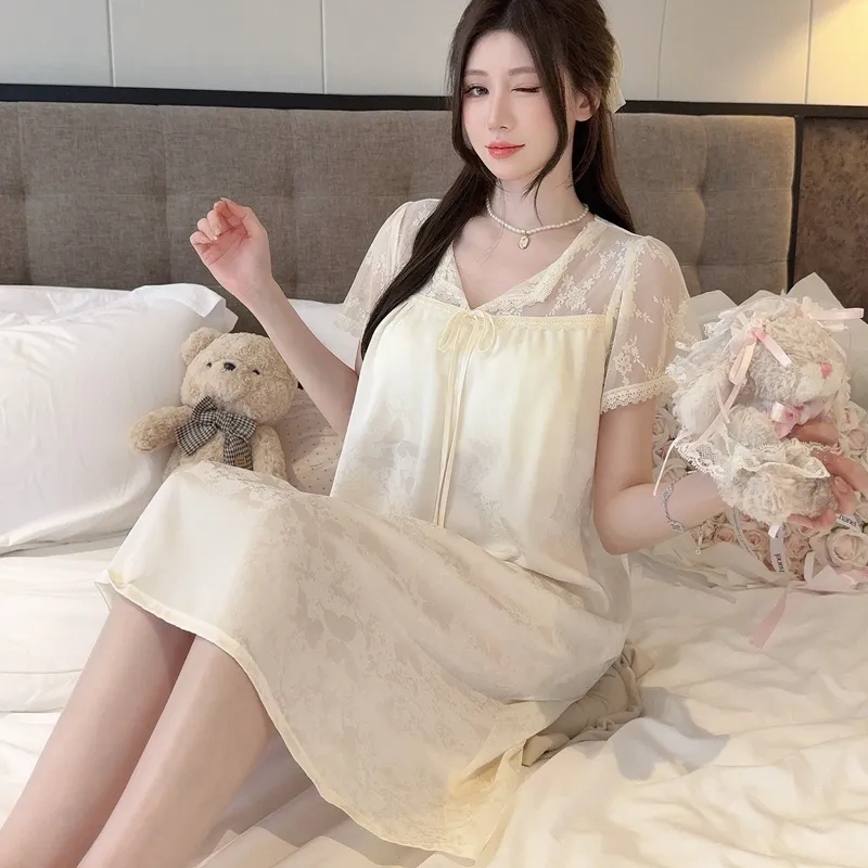 Sexy Women's Jacquard Ice Silk Nightgown, Midi Length with Lace, Premium Light Luxury Style, Short Sleeve with Padding · Wholesale · OEM · Worldwide Shipping - View 3