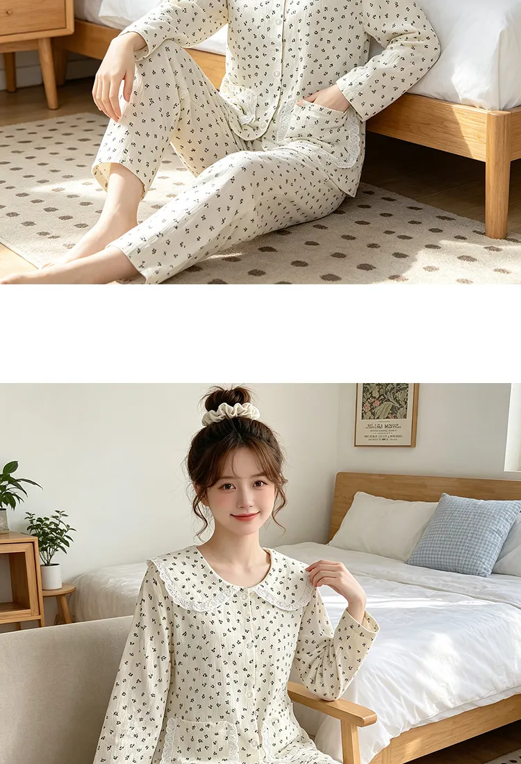 Yuanxing 28100 Ins Style Korean Sweet Floral Doll Collar Cloud Cotton Long Sleeve Pajamas Women's Loungewear Set · Wholesale · OEM · Worldwide Shipping - Detail 10